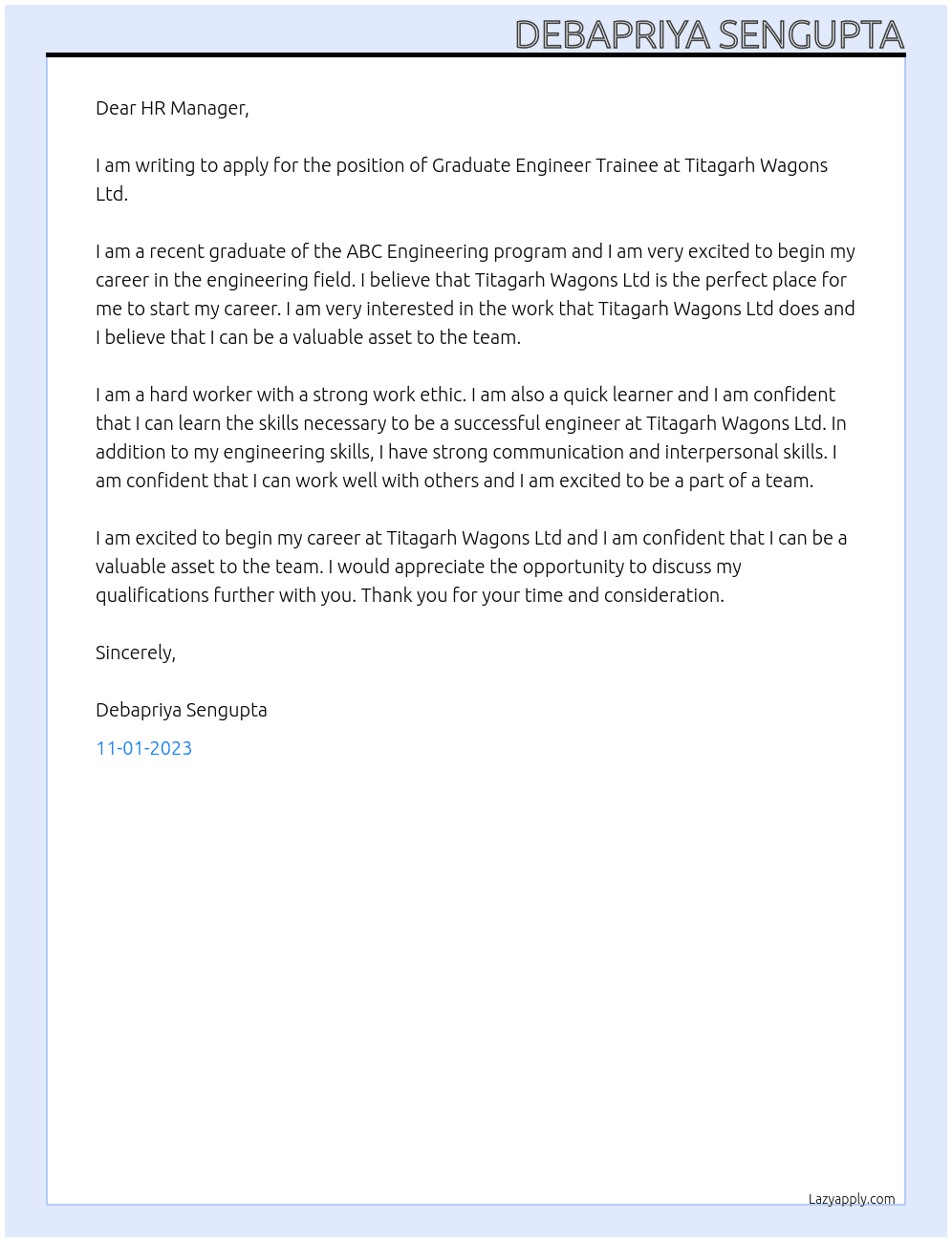 Graduate Engineer Trainee  At Titagarh Wagons Ltd Cover Letter