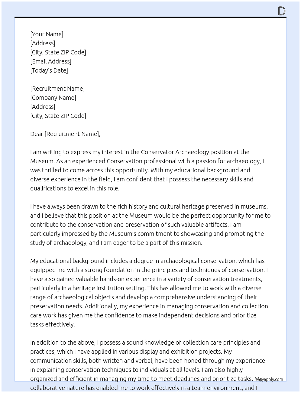 Conservator Archaeology At Museum  Cover Letter