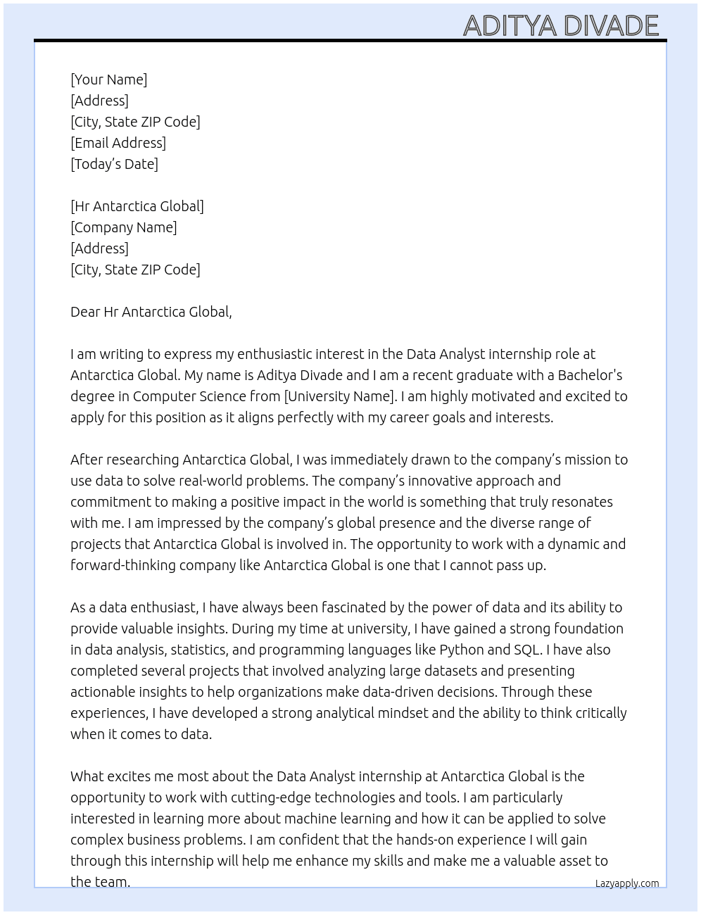 Data analyst  At Antarctica global  Cover Letter