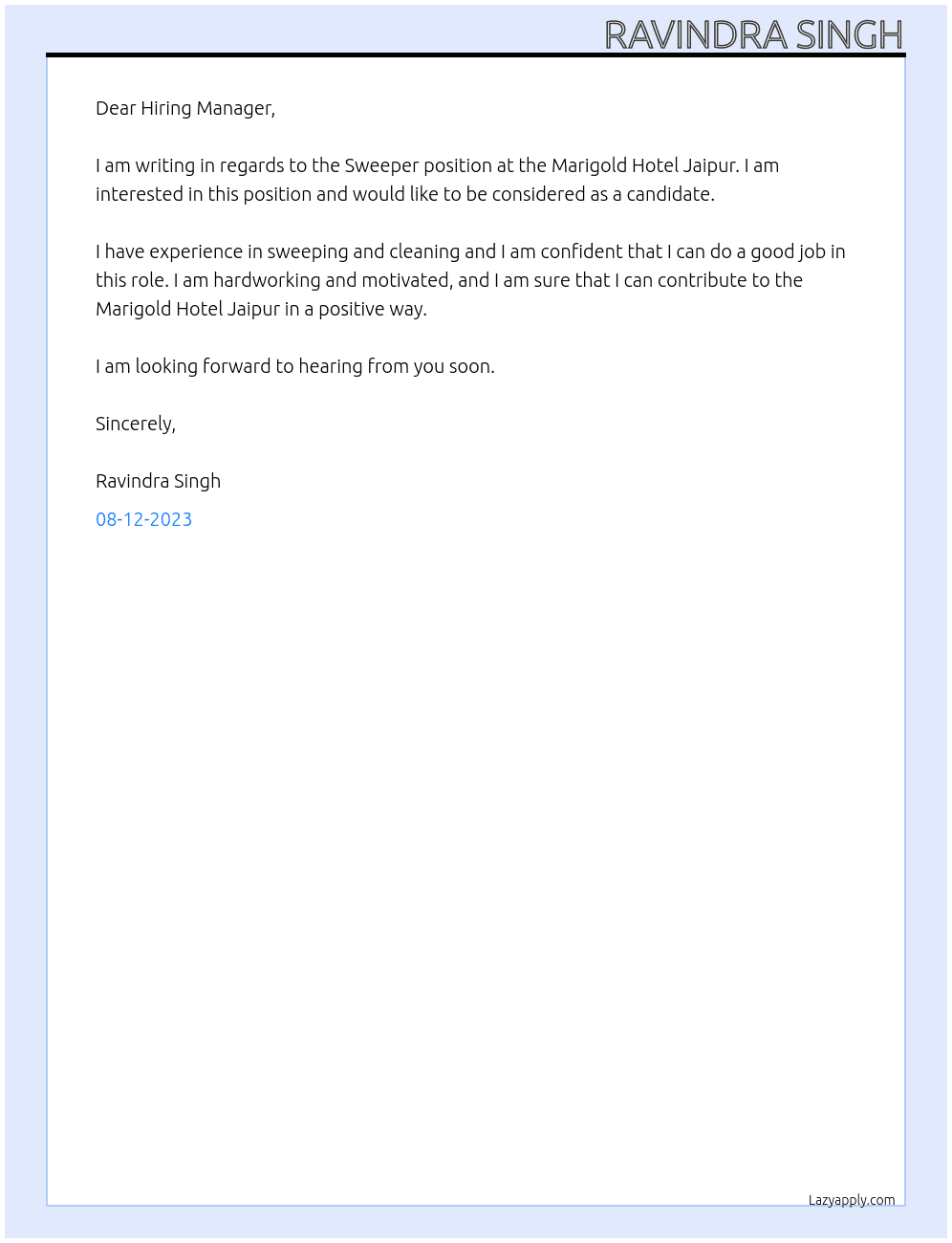 sweeper At marigold hotel jaipur Cover Letter