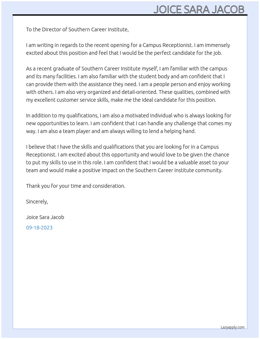 Campus Receptionist At Southern Career institute Cover Letter