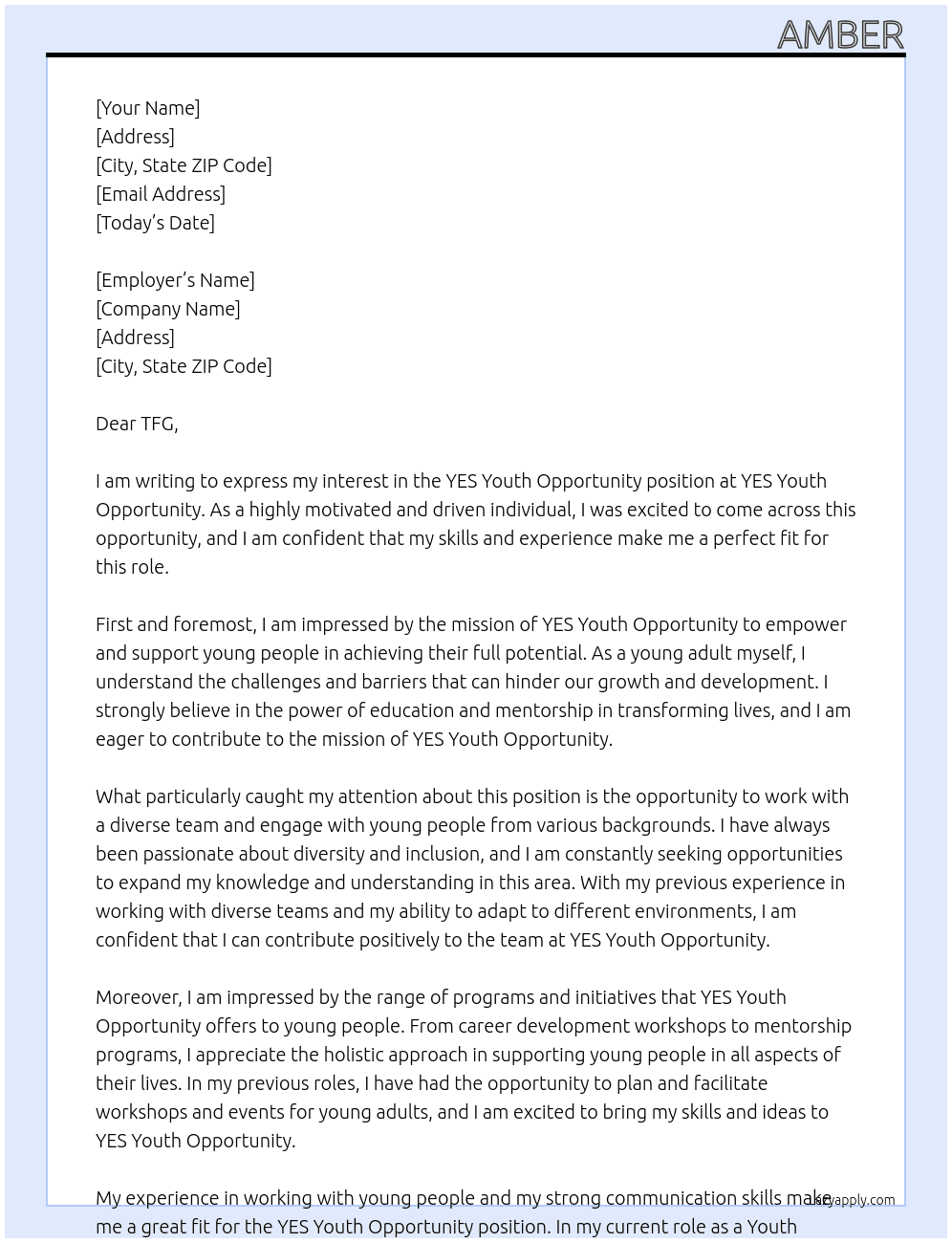 YES Youth Opportunity At YES Youth Opportunity Cover Letter