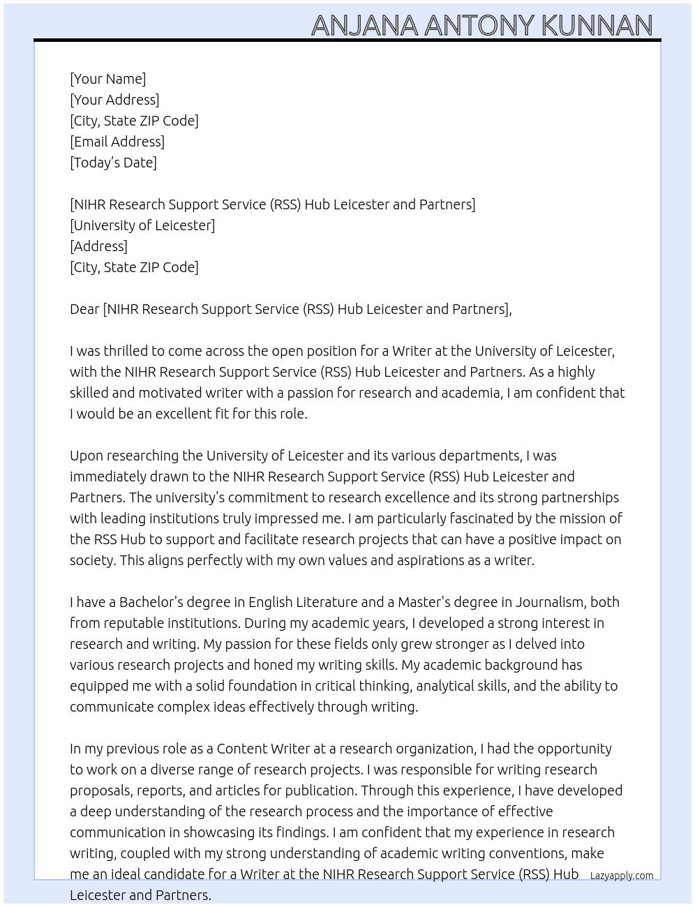 writer At University of Leicester Cover Letter