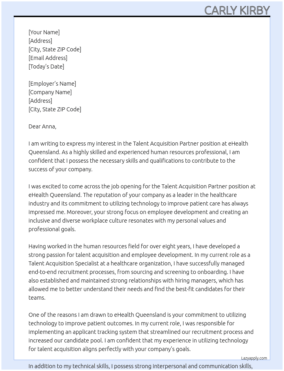 Talent Acquisition Partner At eHealth Queensland Cover Letter