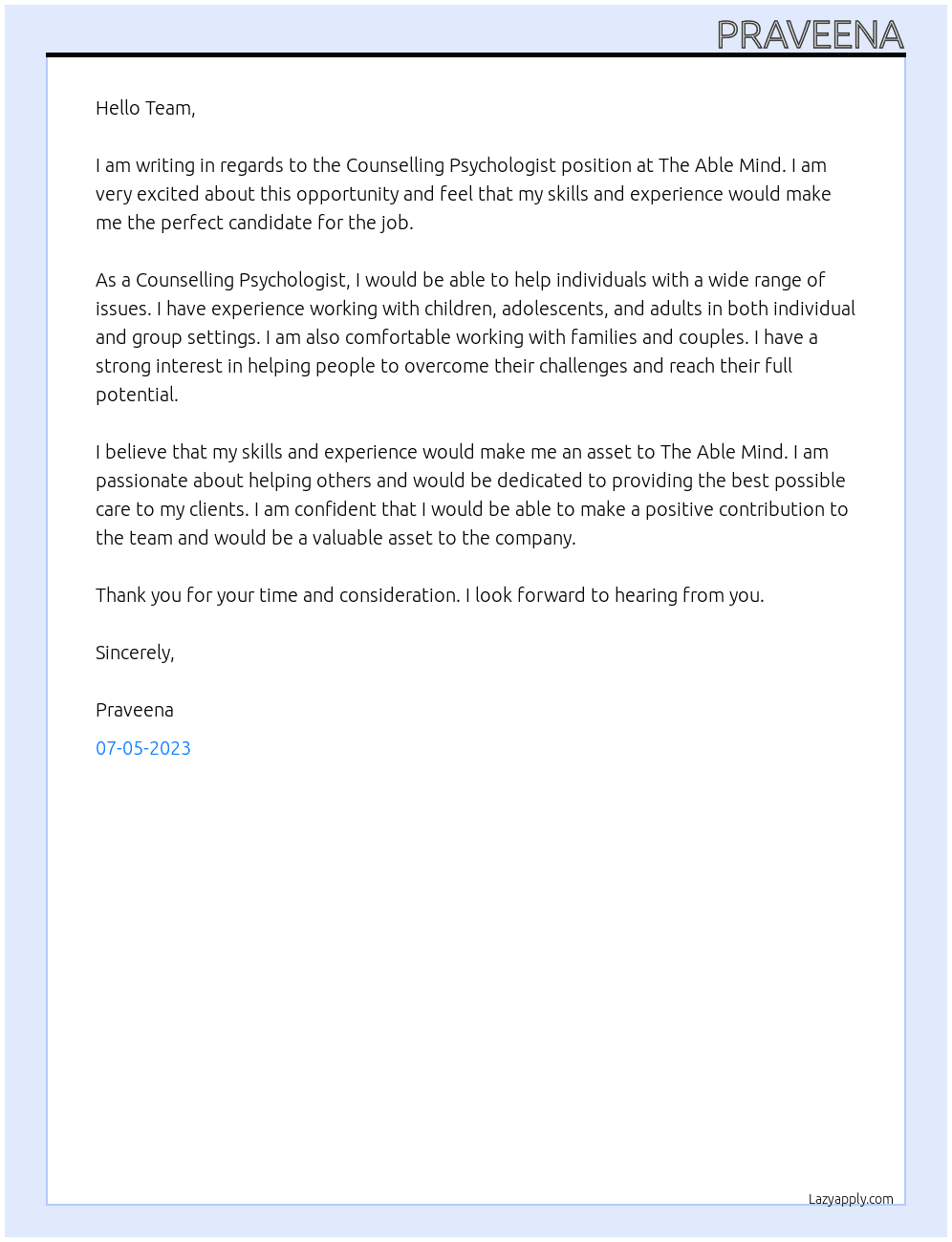 Counselling Psychologist At The Able Mind Cover Letter