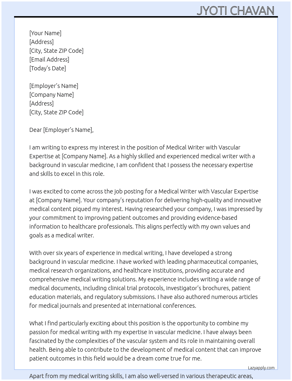 Medical Writer with Vascular Expertise  At own  Cover Letter