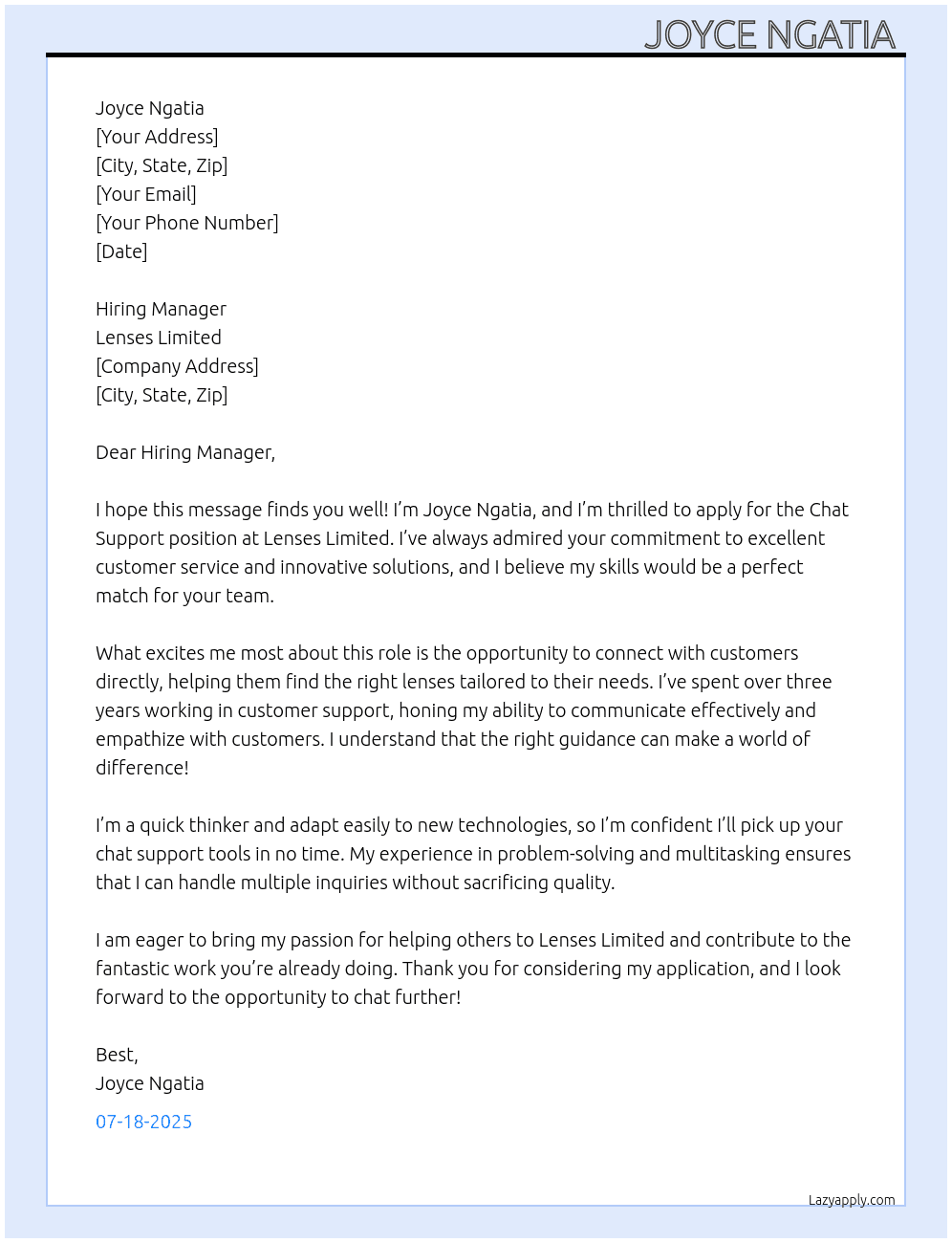 Chat support  At Lenses limited Cover Letter