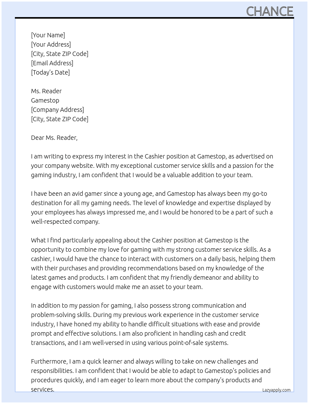 Cashier At Gamestop Cover Letter