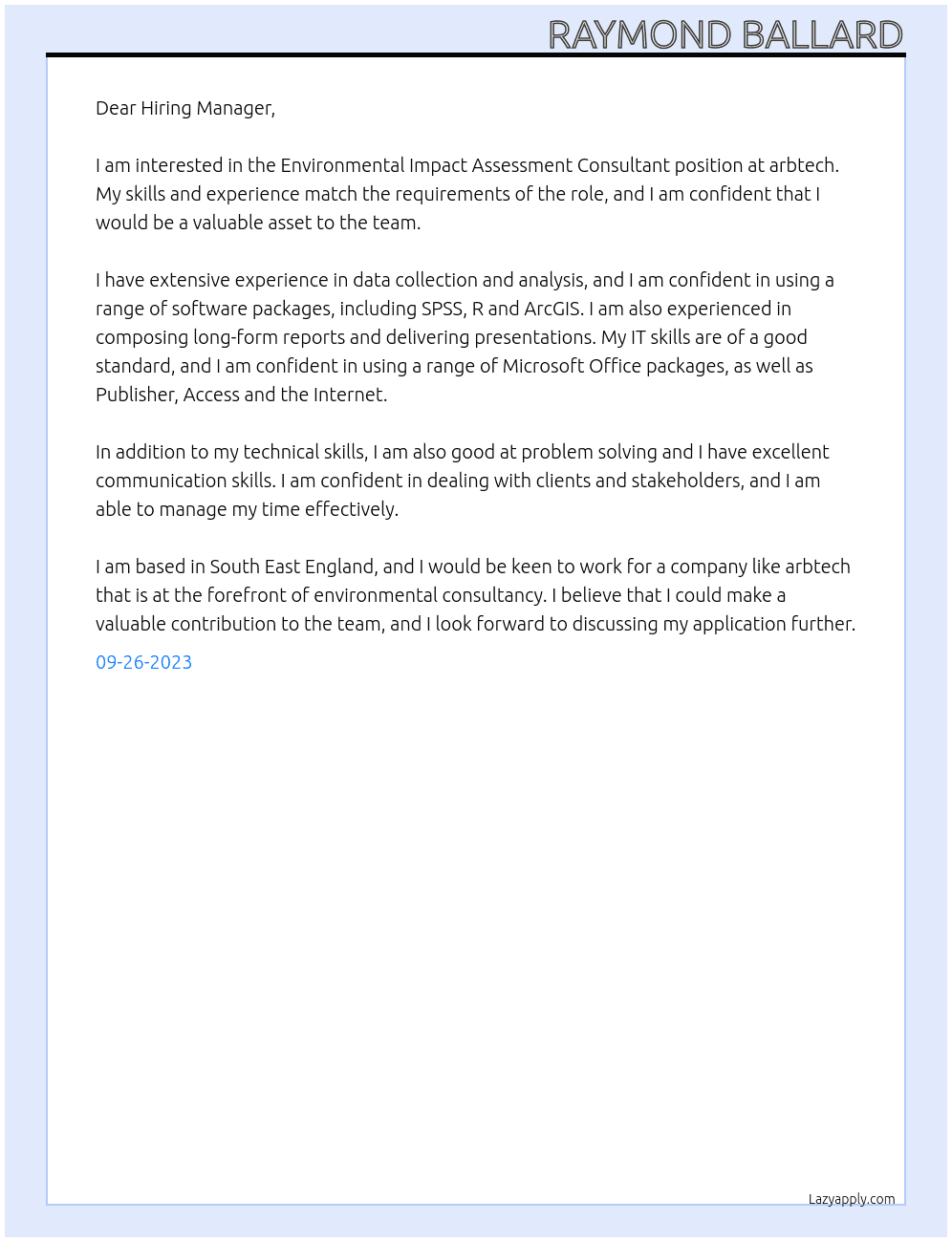 Environmental Impact Assessment Consultant At arbtech Cover Letter