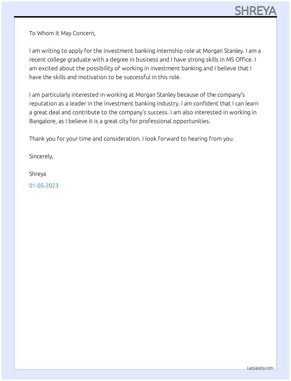 Investment banking  At Morgan stanley Cover Letter