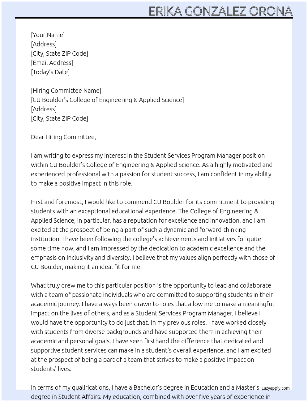 Student Services Program Manager At CU Boulder's College of Engineering & Applied Science Cover Letter
