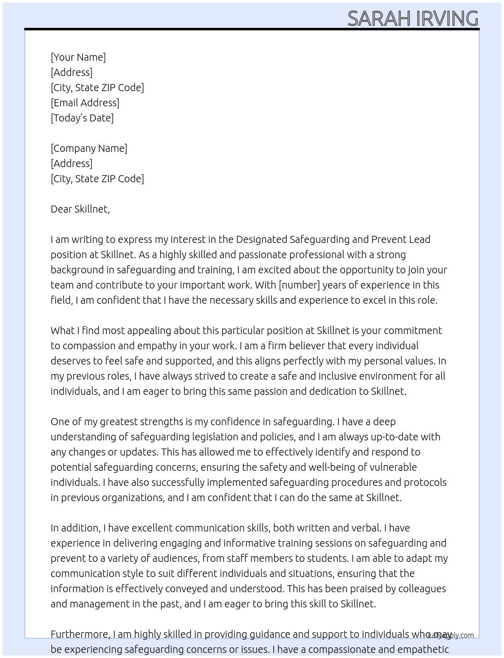Designated Safeguarding and Prevent Lead At Skillnet  Cover Letter