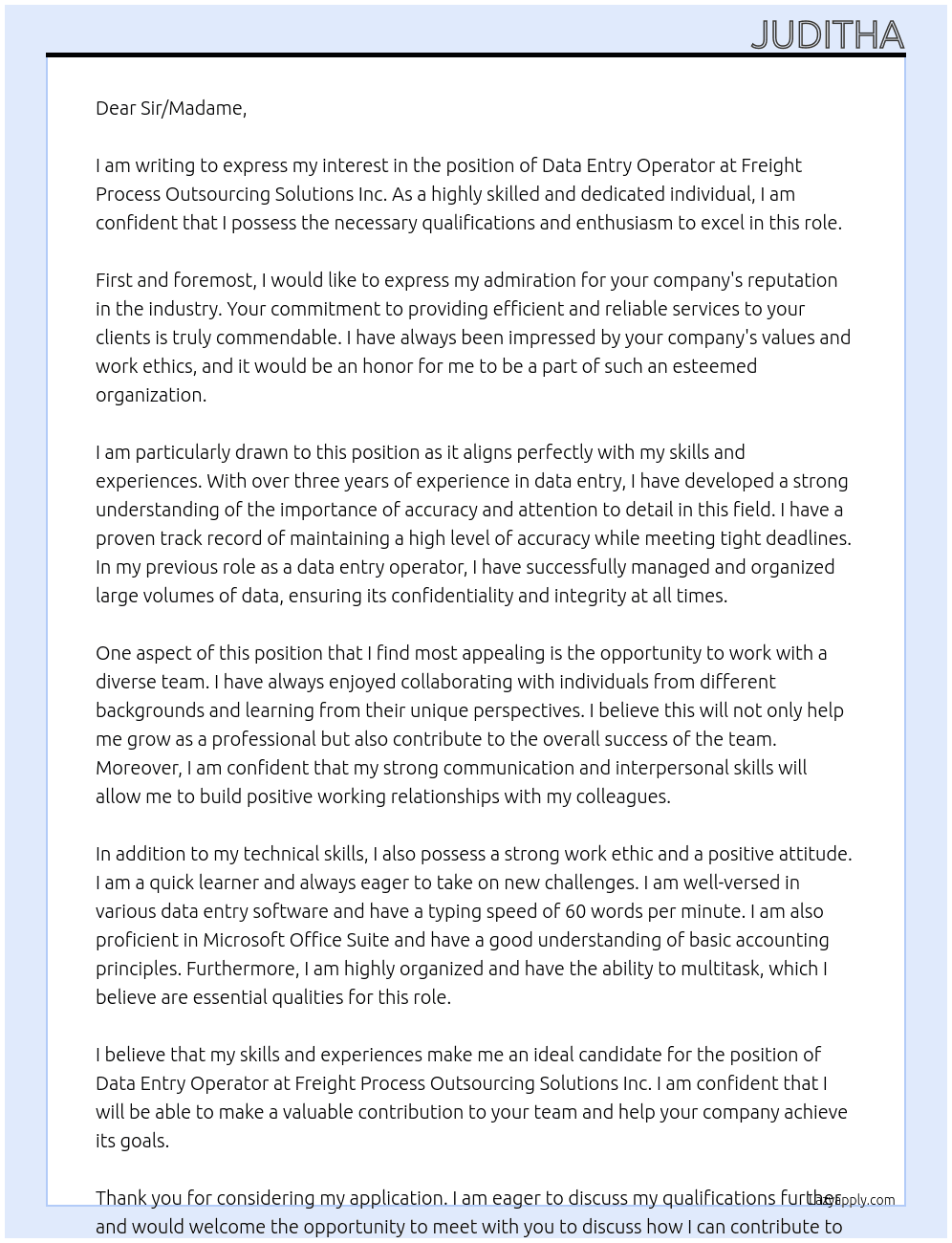 data entry operator  At Freight Process Outsourcing Solutions Inc. Cover Letter