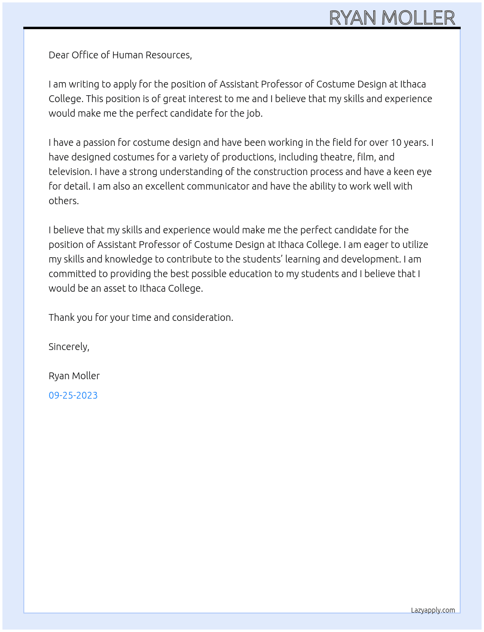 Assistant Professor of Costume Design  At Ithaca College  Cover Letter