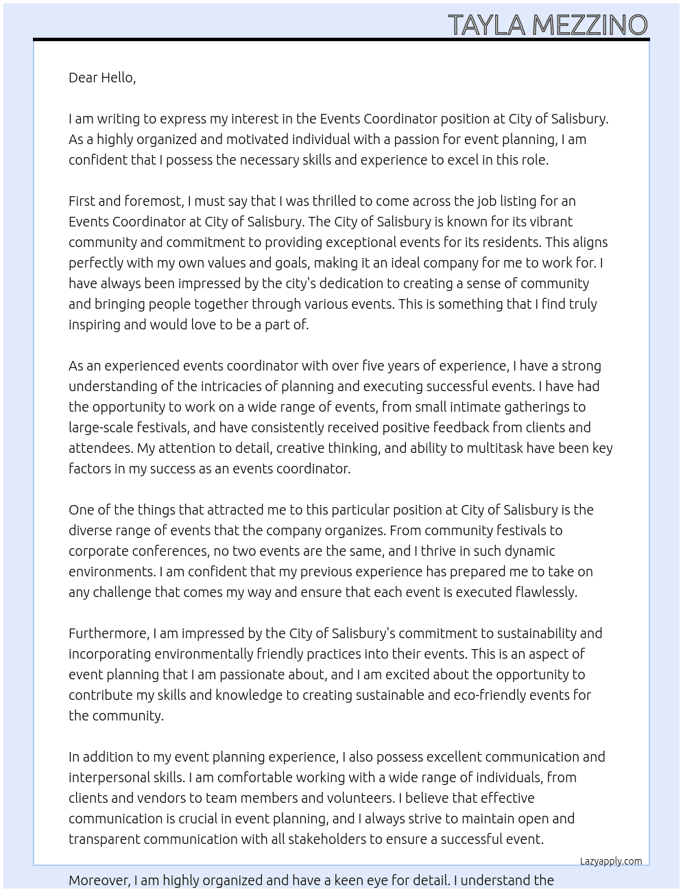 Events coordinator  At City of Salisbury Cover Letter