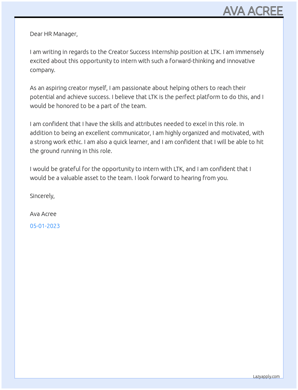Creator Success Internship At LTK Cover Letter