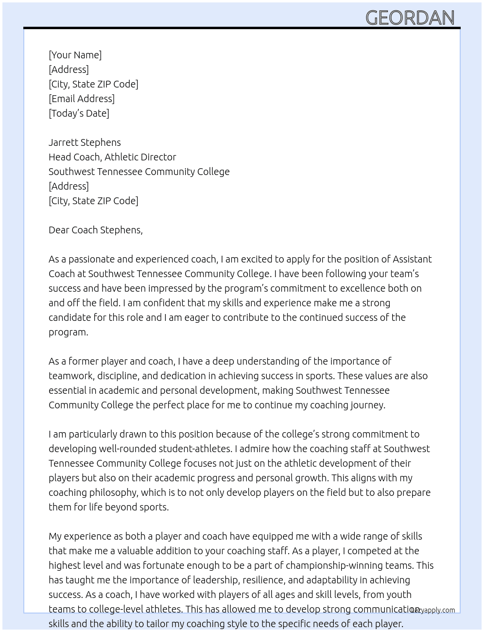 Assistant Coach At Southwest Tennessee Community College Cover Letter