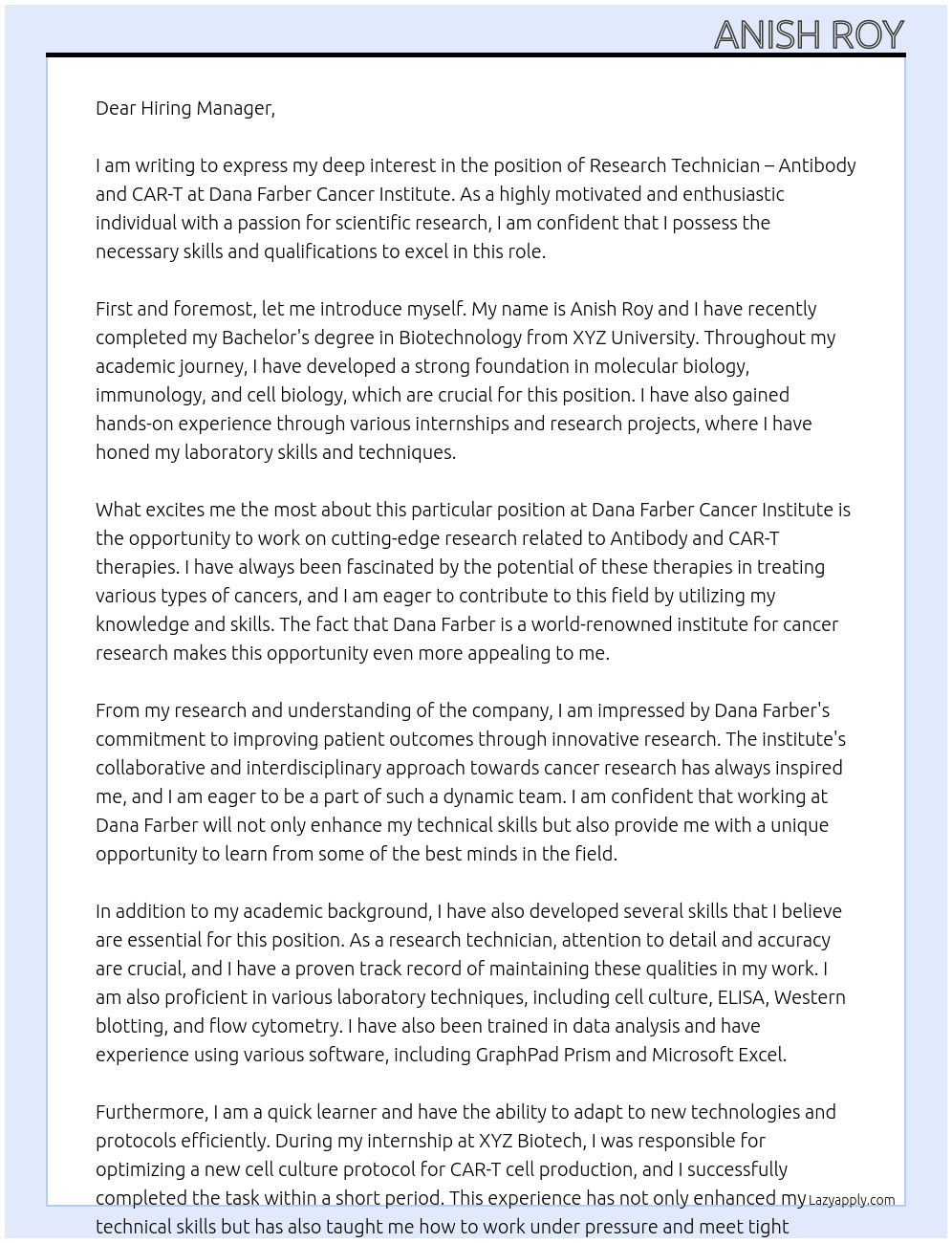 Research Technician – Antibody and CAR-T  At Dana Farber Cancer Institute  Cover Letter