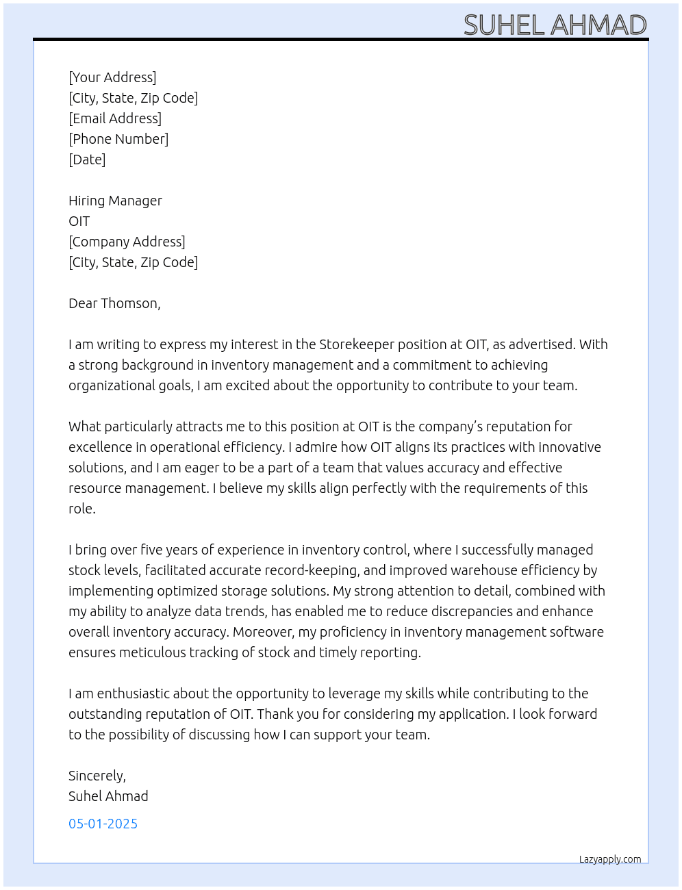 STOREKEEPER At OIT Cover Letter