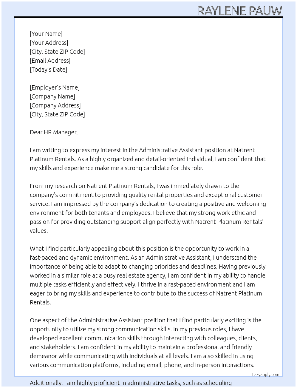 Administrative Assistant  At Natrent Platinum Rentals Cover Letter