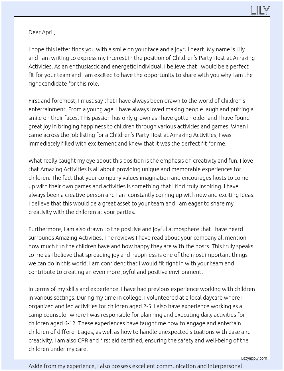 Children’s party host At Amazing activities Cover Letter