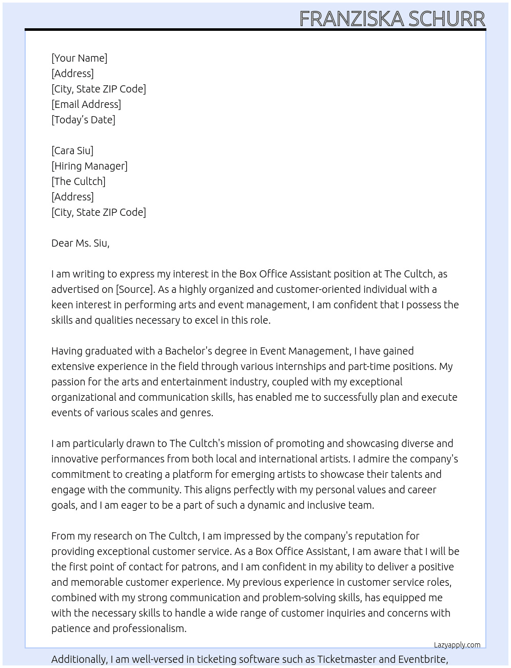 Box Office Assistant At The Cultch Cover Letter