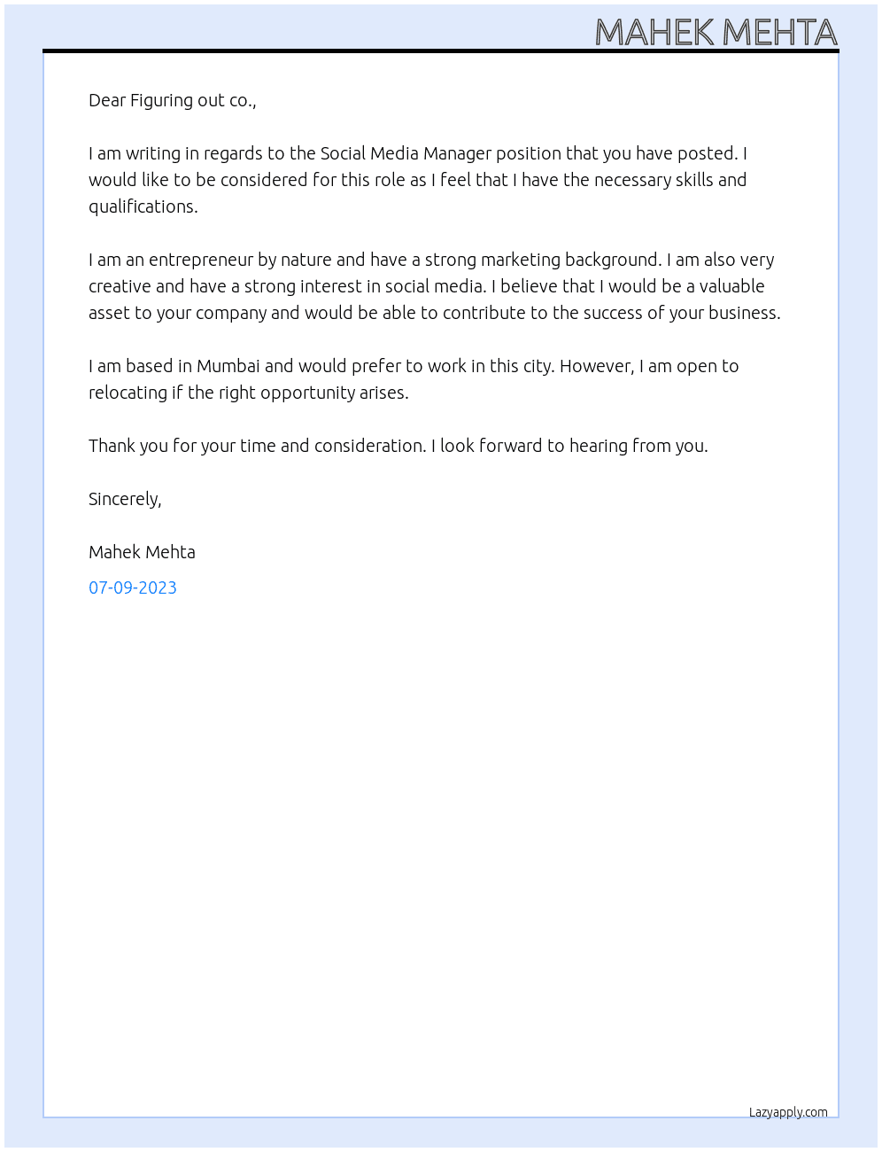Social Media Manager At Figuring out co. Cover Letter