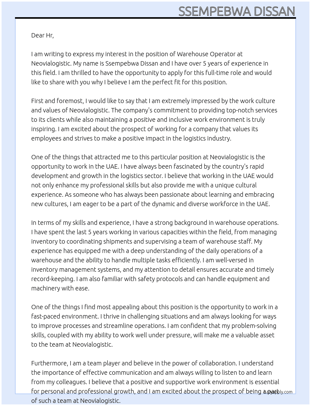 Warehouse operator At Neovialogistic Cover Letter