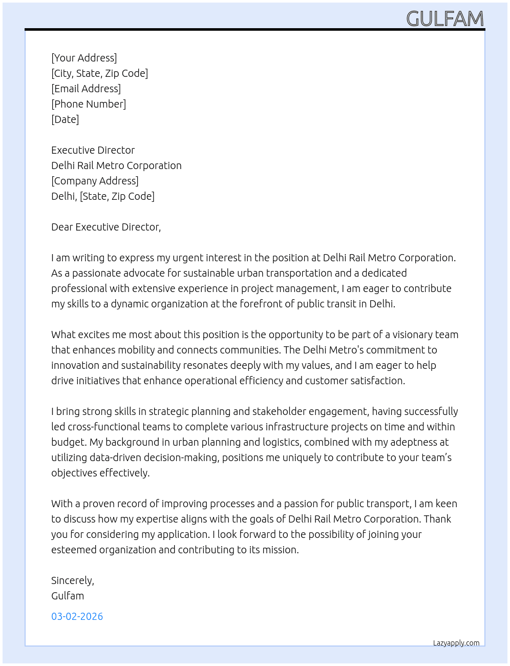 Delhi railway metro At Delhi rail metro corporation  Cover Letter