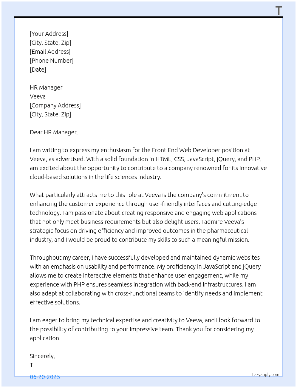 Front end web developer At Veeva Cover Letter