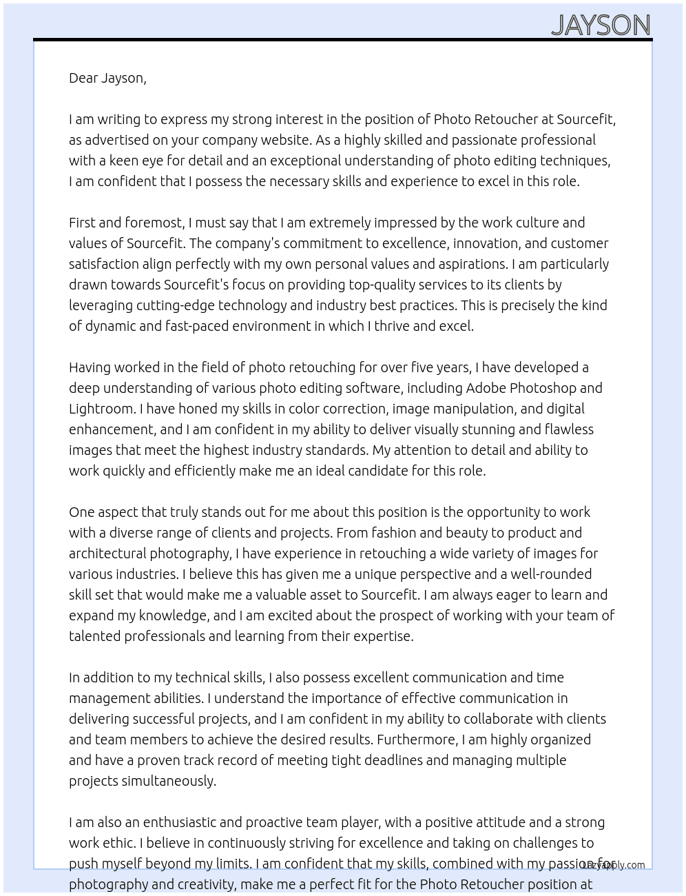 Photo retoucher At Sourcefit Cover Letter