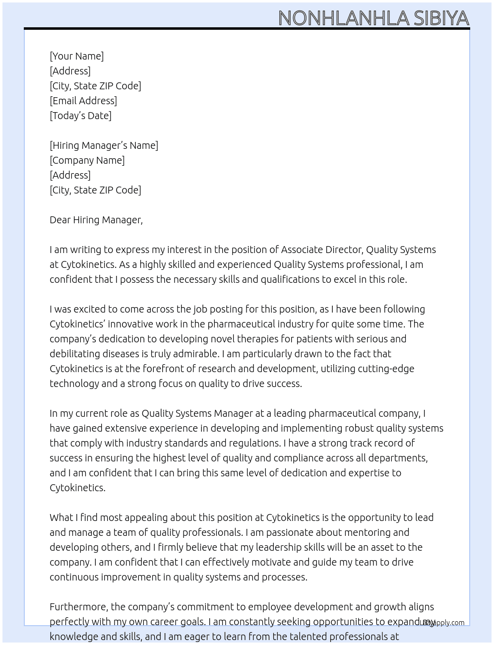 Associate Director, Quality Systems At Cytokinetics  Cover Letter
