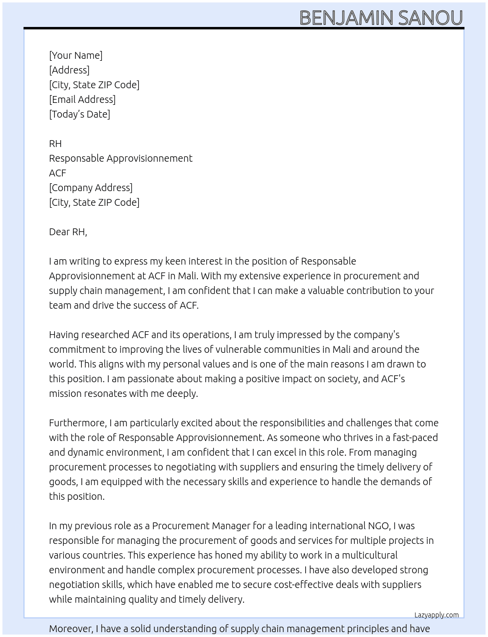 Cover letter for responsable approvisionnement - LazyApply