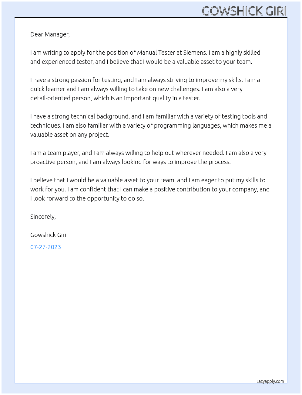 Manual tester At Siemens Cover Letter