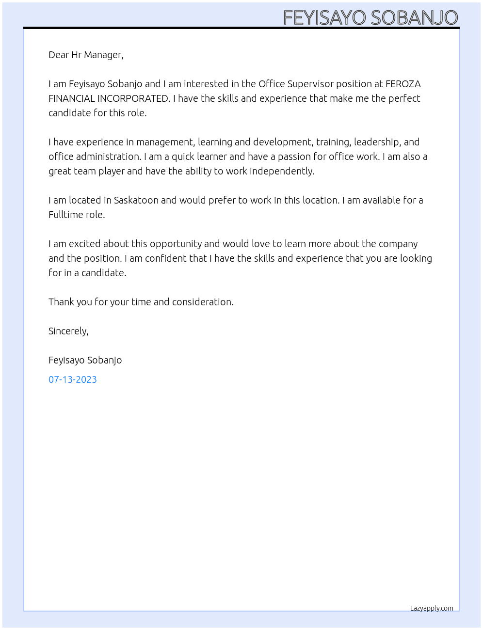 Cover letter for office supervisor - LazyApply