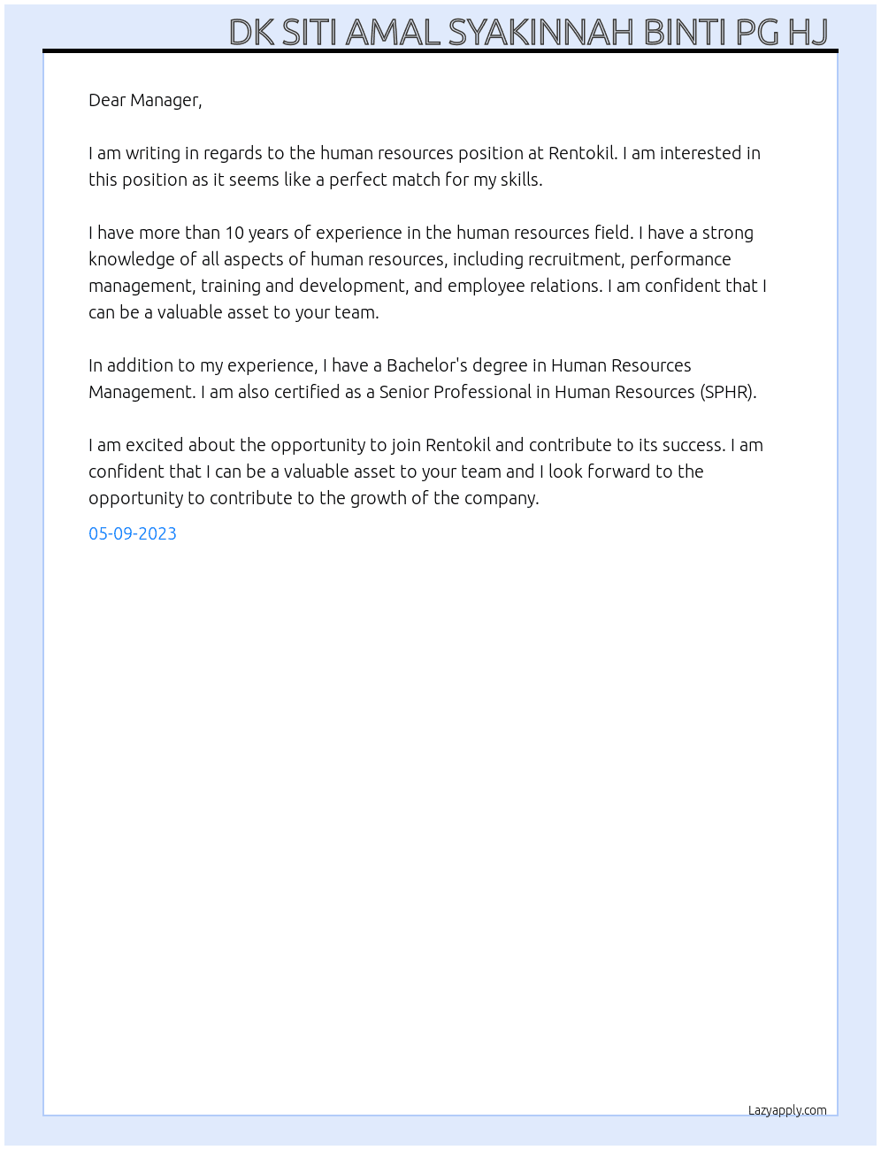 human resources At Rentokil Cover Letter