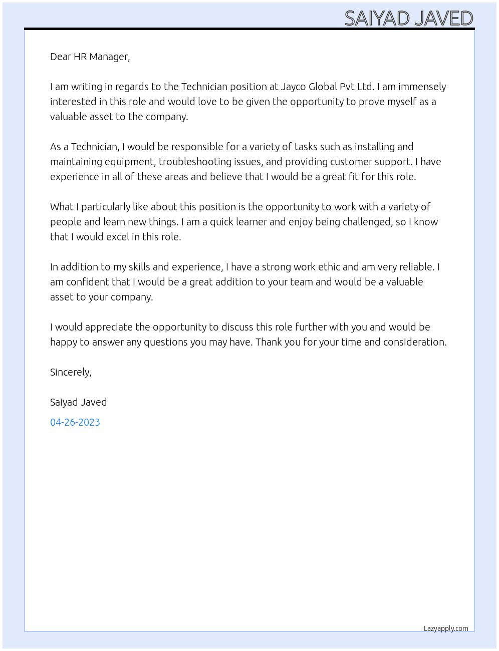 Technician At Jayco Global pvt ltd Cover Letter