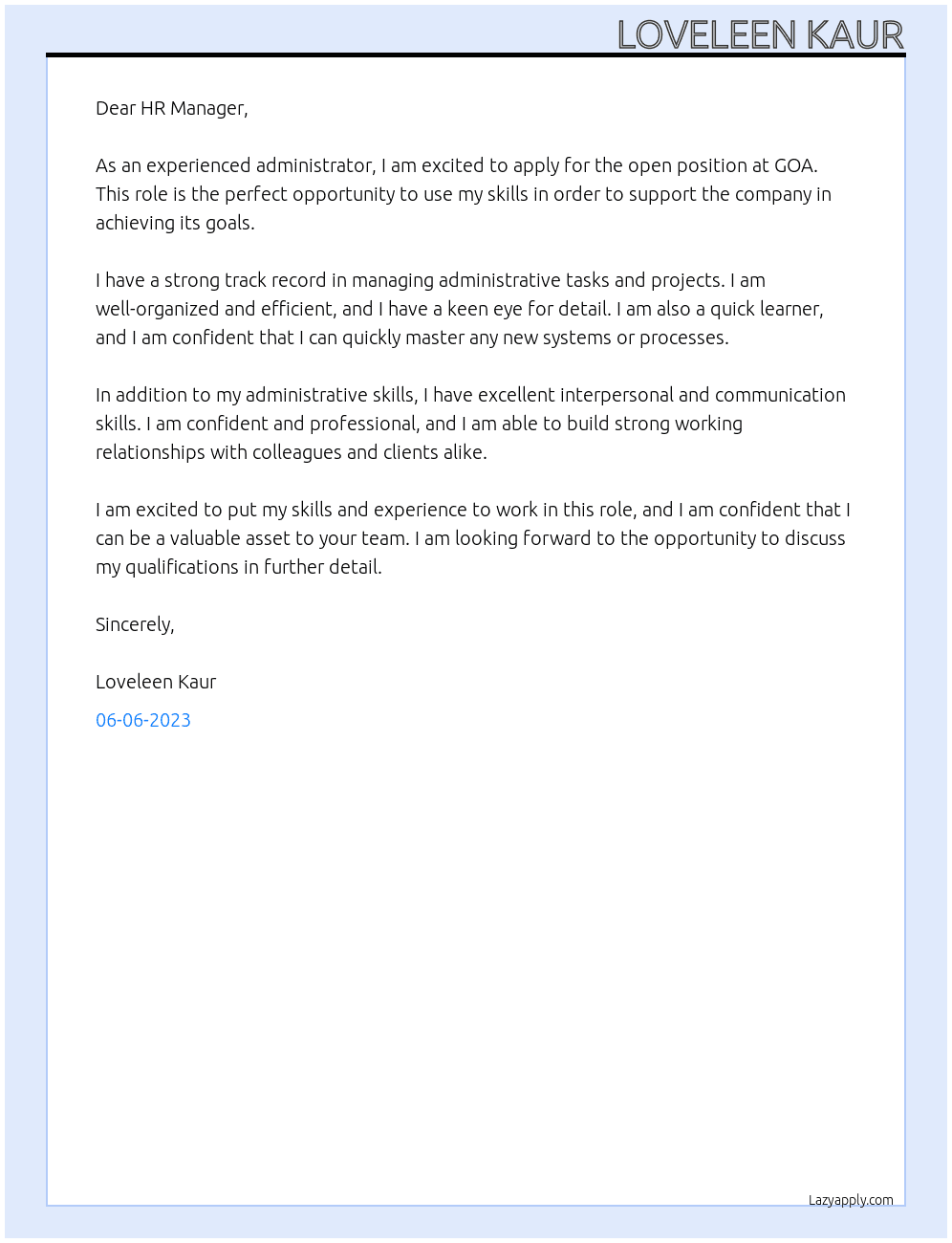 Administration  At GOA Cover Letter
