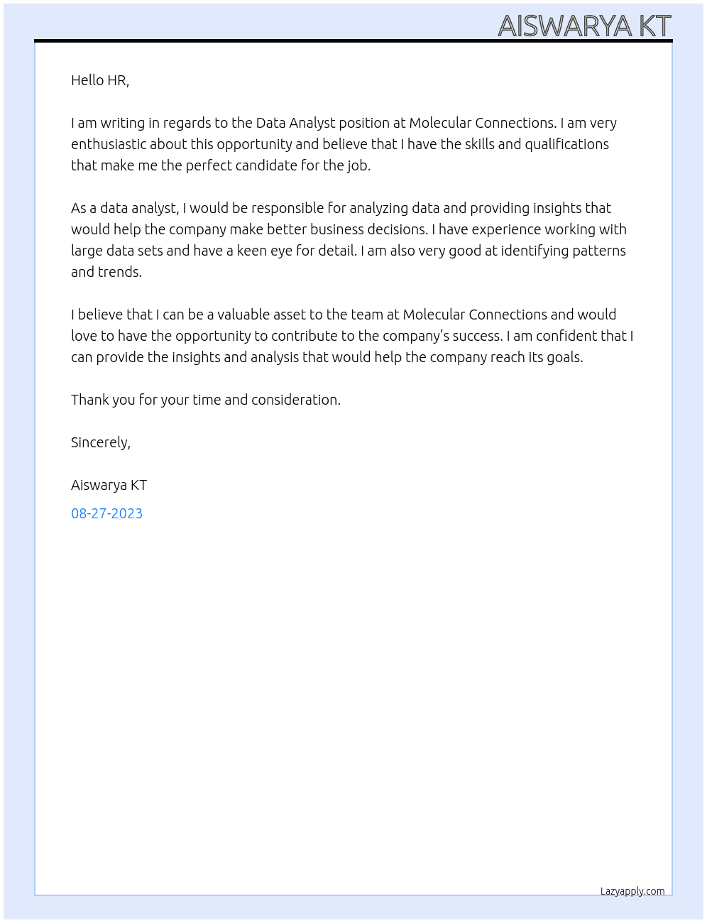 data analyst At molecular connections Cover Letter