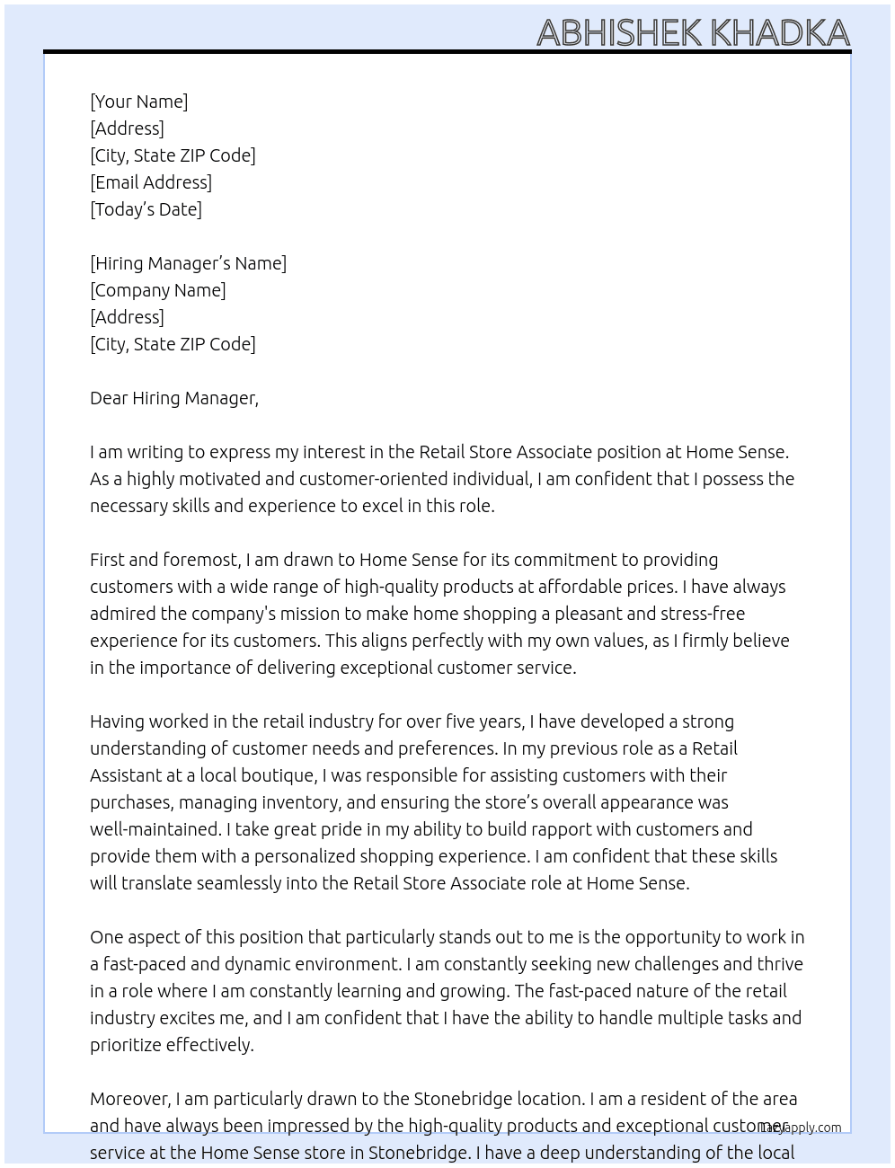 Retail store associate  At Home Sense Cover Letter