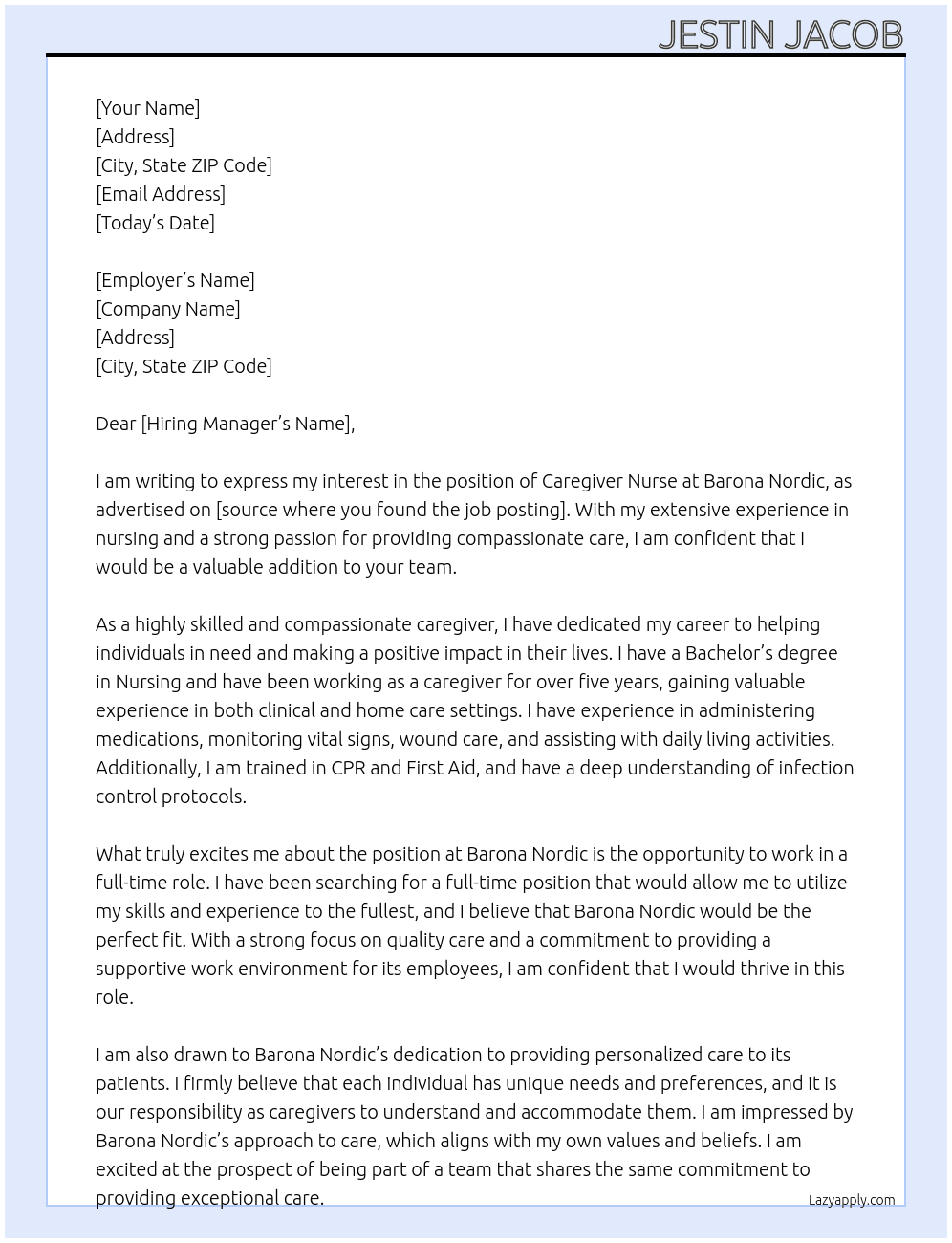 Caregiver nurse At Barona Nordic Cover Letter