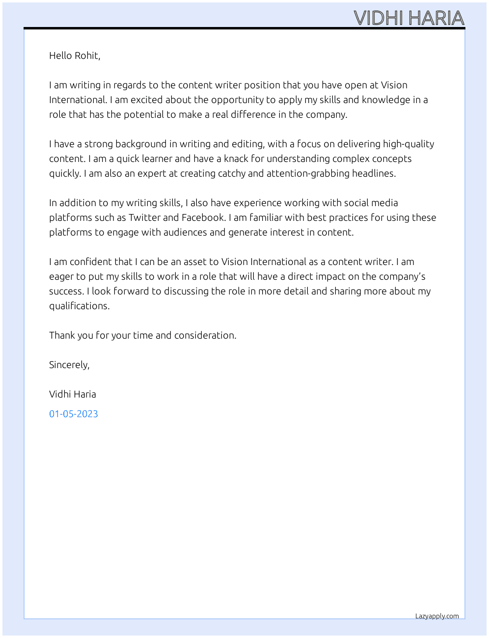 Content writer At Vision International  Cover Letter