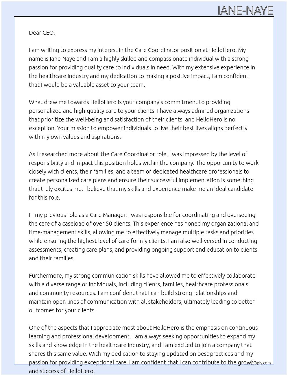 Care Coordinator At HelloHero Cover Letter