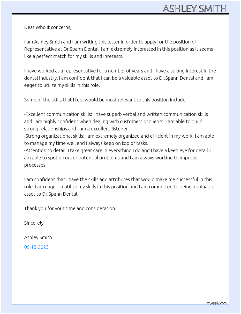 Representative  At Dr.Spann Dental  Cover Letter