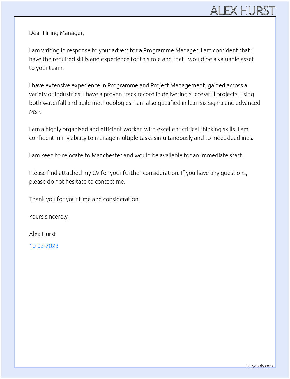 Programme Manager At Tunstall Healthcare Cover Letter