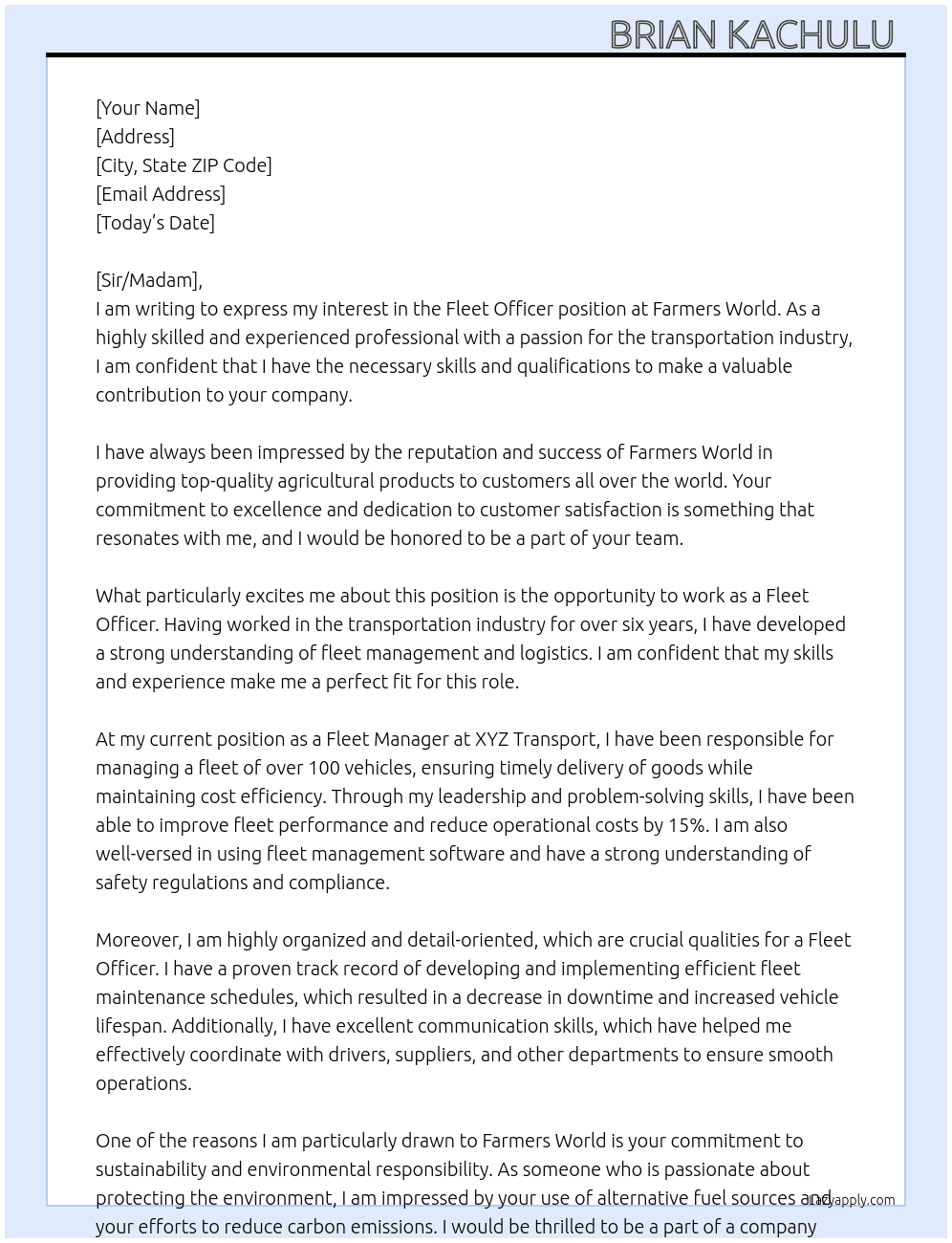 Fleet officer  At Farmers world  Cover Letter