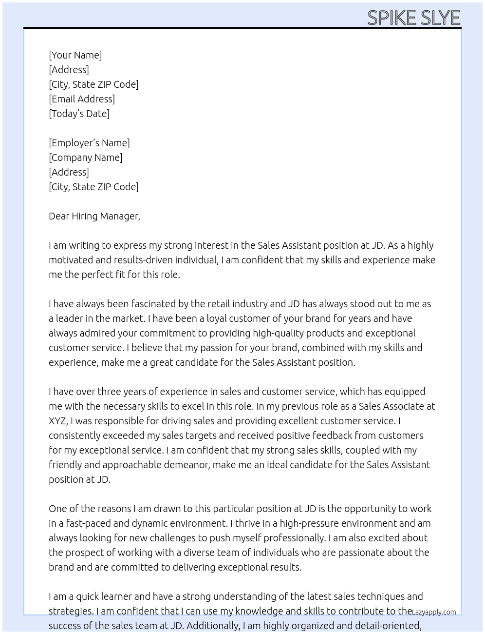 Sales Assistant At JD Cover Letter