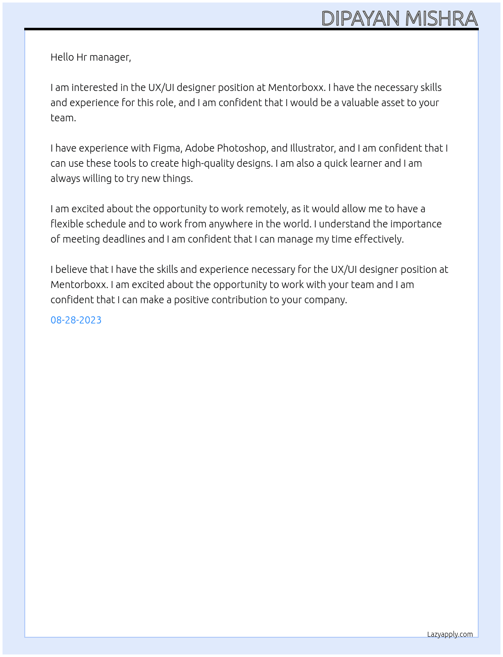 UX/UI designer  At Mentorboxx Cover Letter