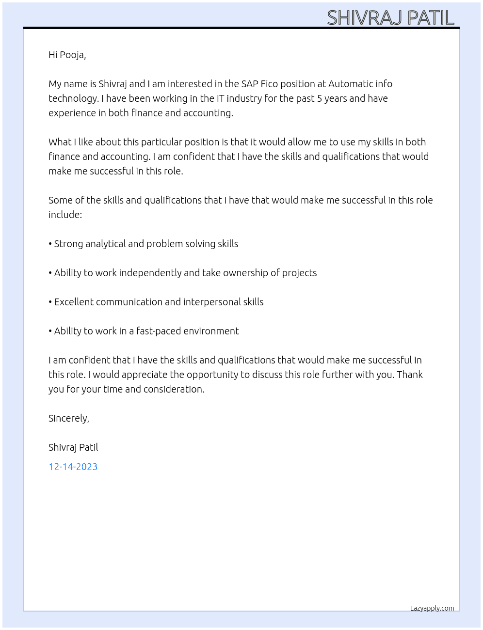 SAP Fico At Automatic info technology  Cover Letter