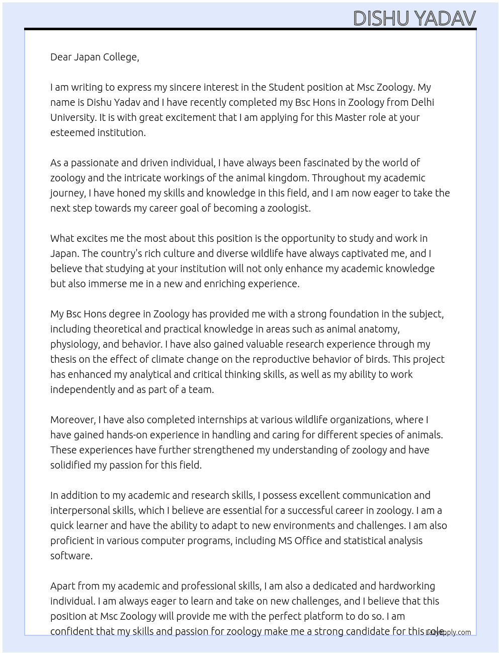 Student At Msc zoology  Cover Letter